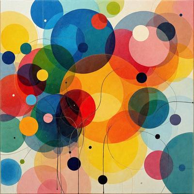 The primary subject of the image is a colorful painting featuring a variety of circles and other shapes. The setting is a white background, and the visual style appears to be a combination of digital art and illustration. The painting is filled with vibrant colors, creating a lively and energetic atmosphere.